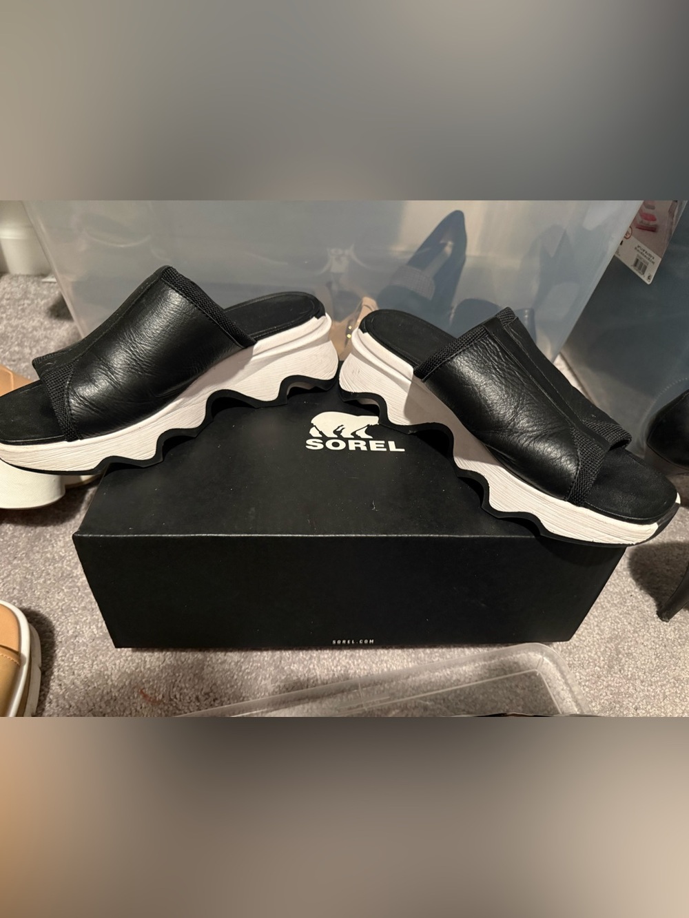 Sorel Black and White Platform Slide Mules
